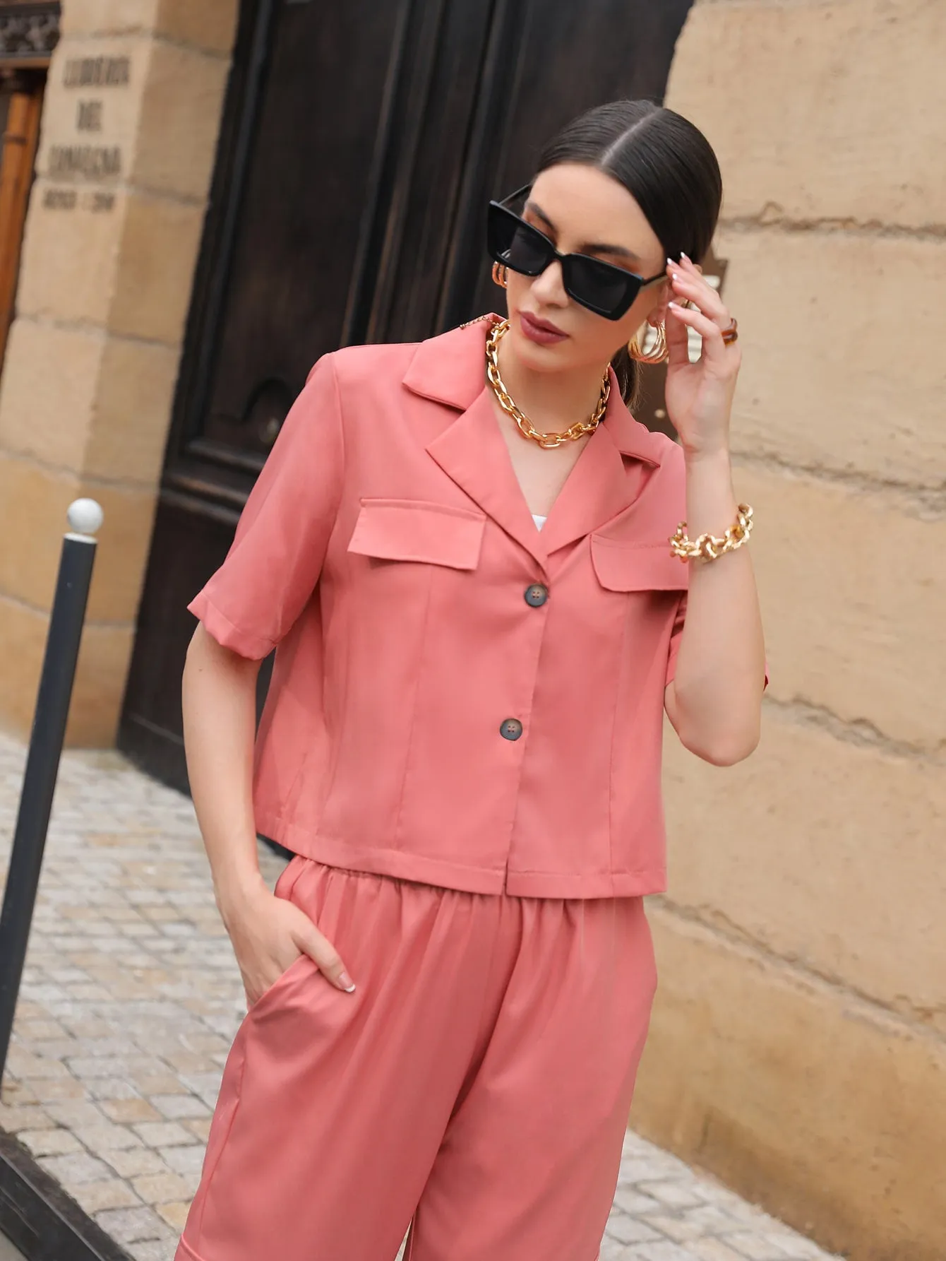 Casual Plain Pocket Short Sleeve Lapel Women Two-Piece Outfits