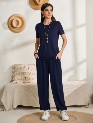 Casual Plain Pocket Short Sleeve Round Neck Women Two-Piece Outfits