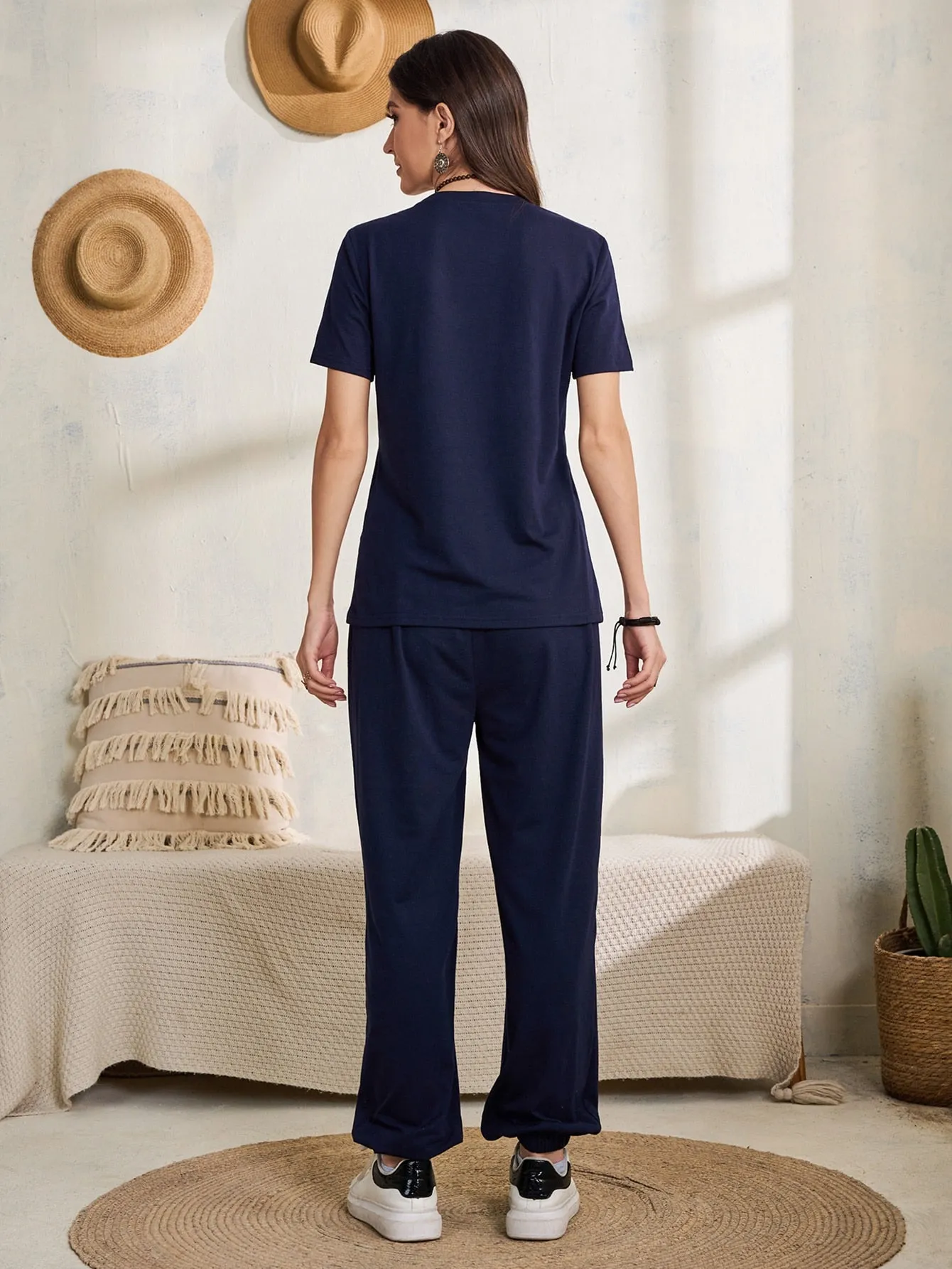Casual Plain Pocket Short Sleeve Round Neck Women Two-Piece Outfits