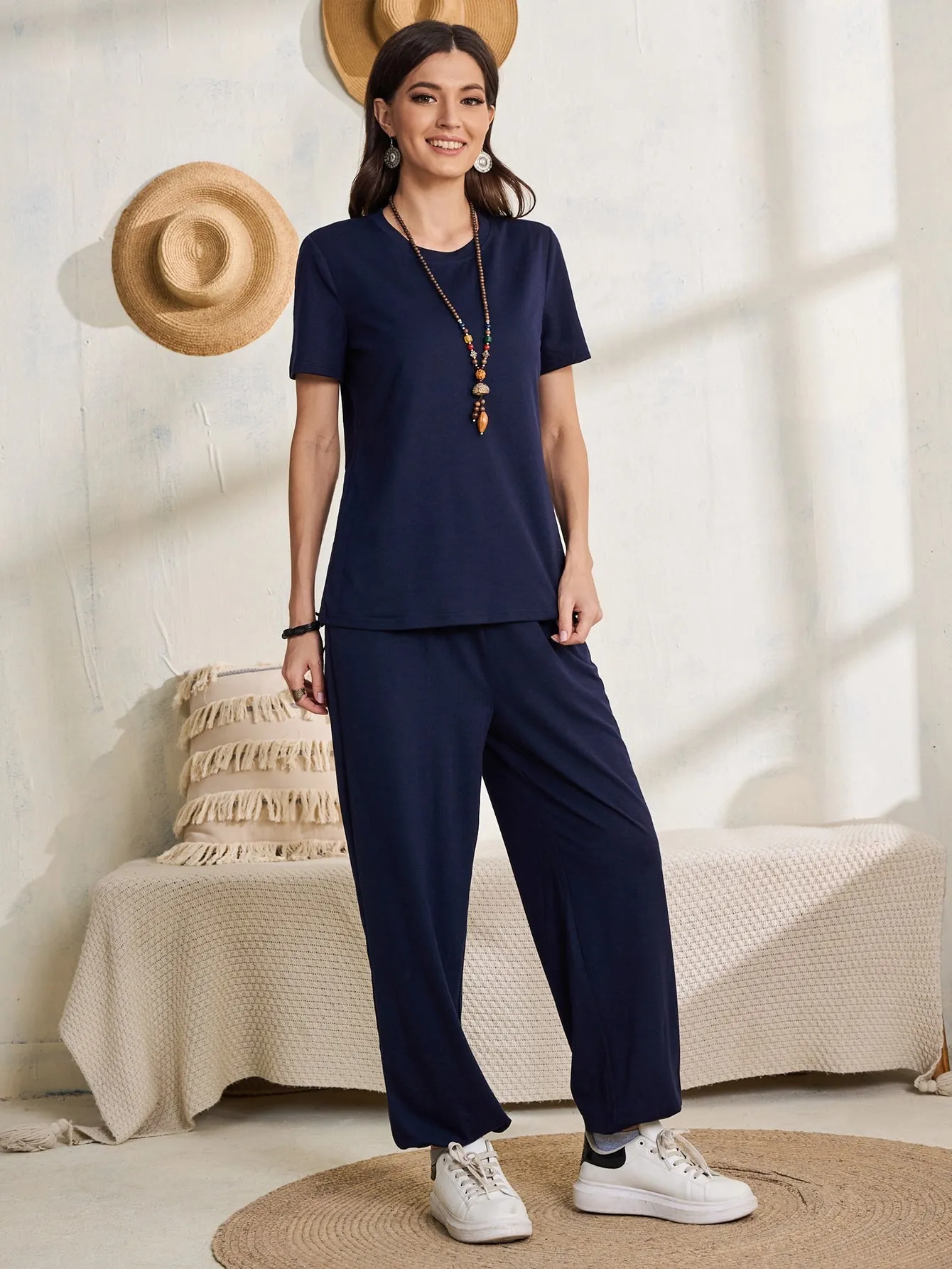 Casual Plain Pocket Short Sleeve Round Neck Women Two-Piece Outfits