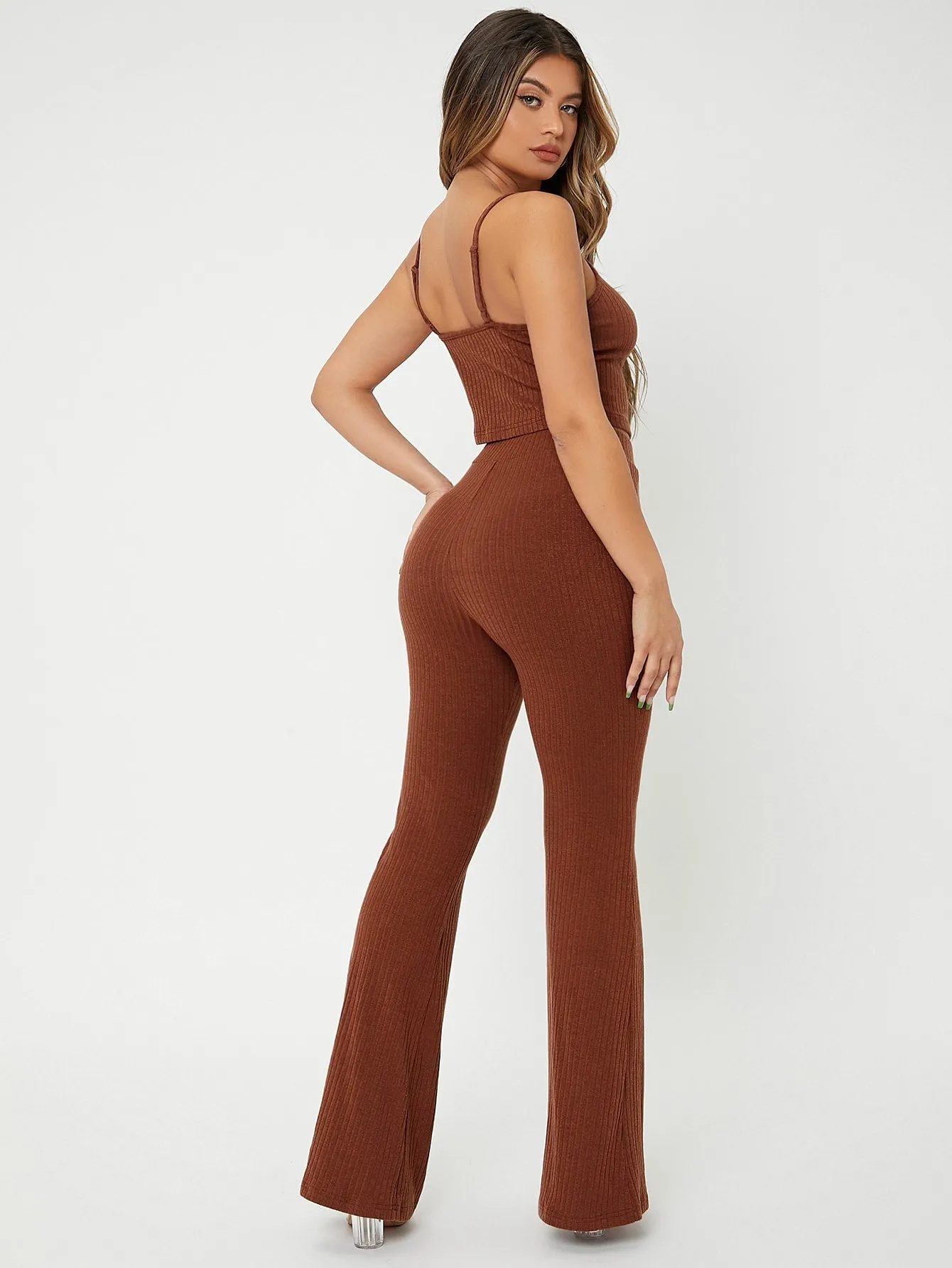 Casual Plain Rib-Knit Sleeveless Spaghetti Strap Women Two-Piece Outfits