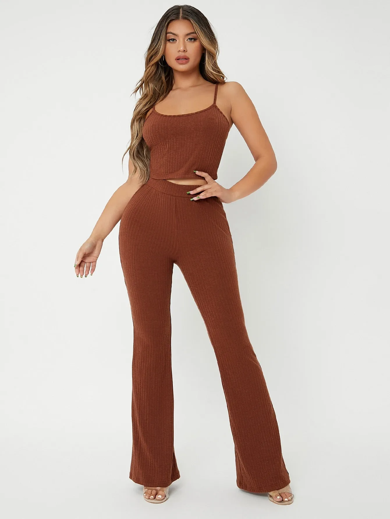 Casual Plain Rib-Knit Sleeveless Spaghetti Strap Women Two-Piece Outfits