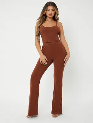 Casual Plain Rib-Knit Sleeveless Spaghetti Strap Women Two-Piece Outfits