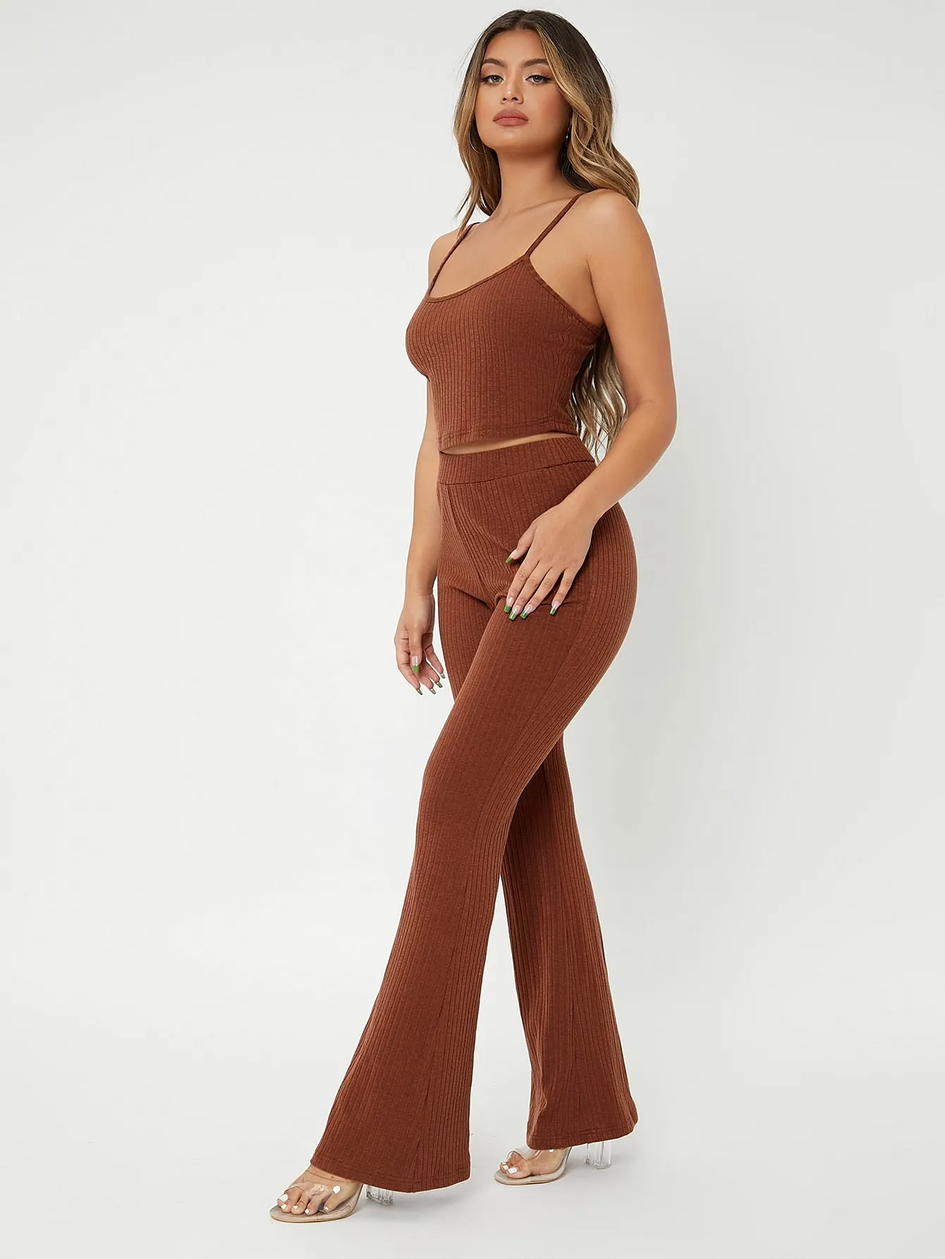 Casual Plain Rib-Knit Sleeveless Spaghetti Strap Women Two-Piece Outfits