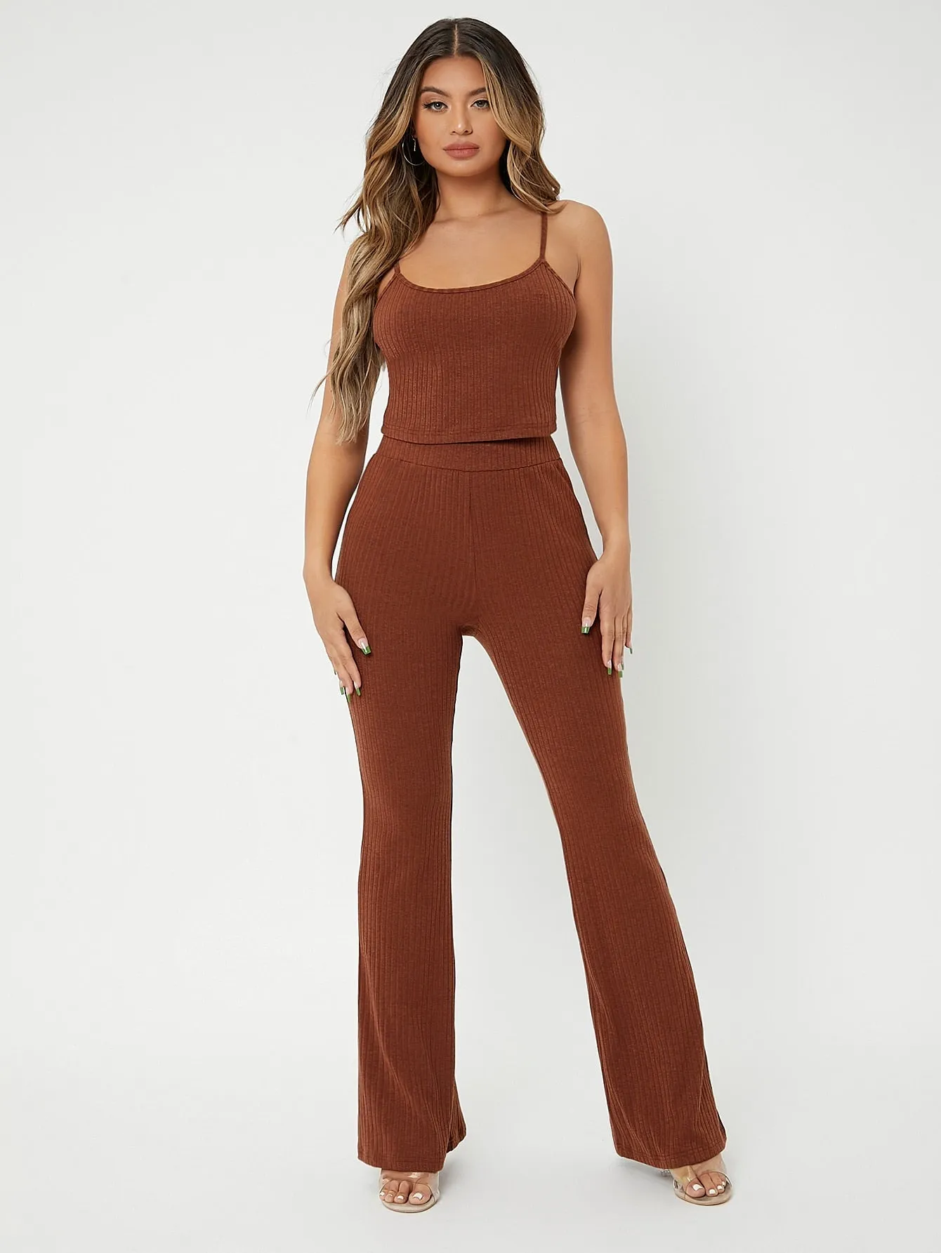 Casual Plain Rib-Knit Sleeveless Spaghetti Strap Women Two-Piece Outfits