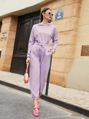 Casual Plain Tie Back Long Sleeve Hooded Women Two-Piece Outfits