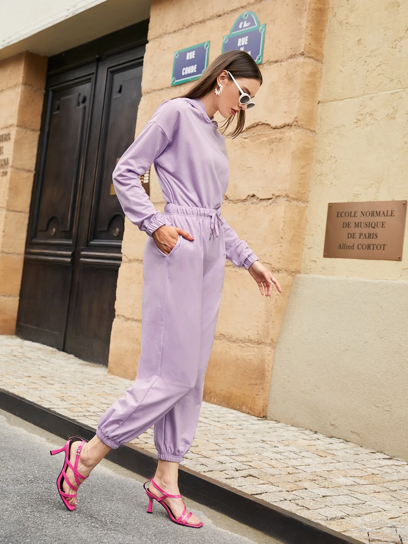 Casual Plain Tie Back Long Sleeve Hooded Women Two-Piece Outfits