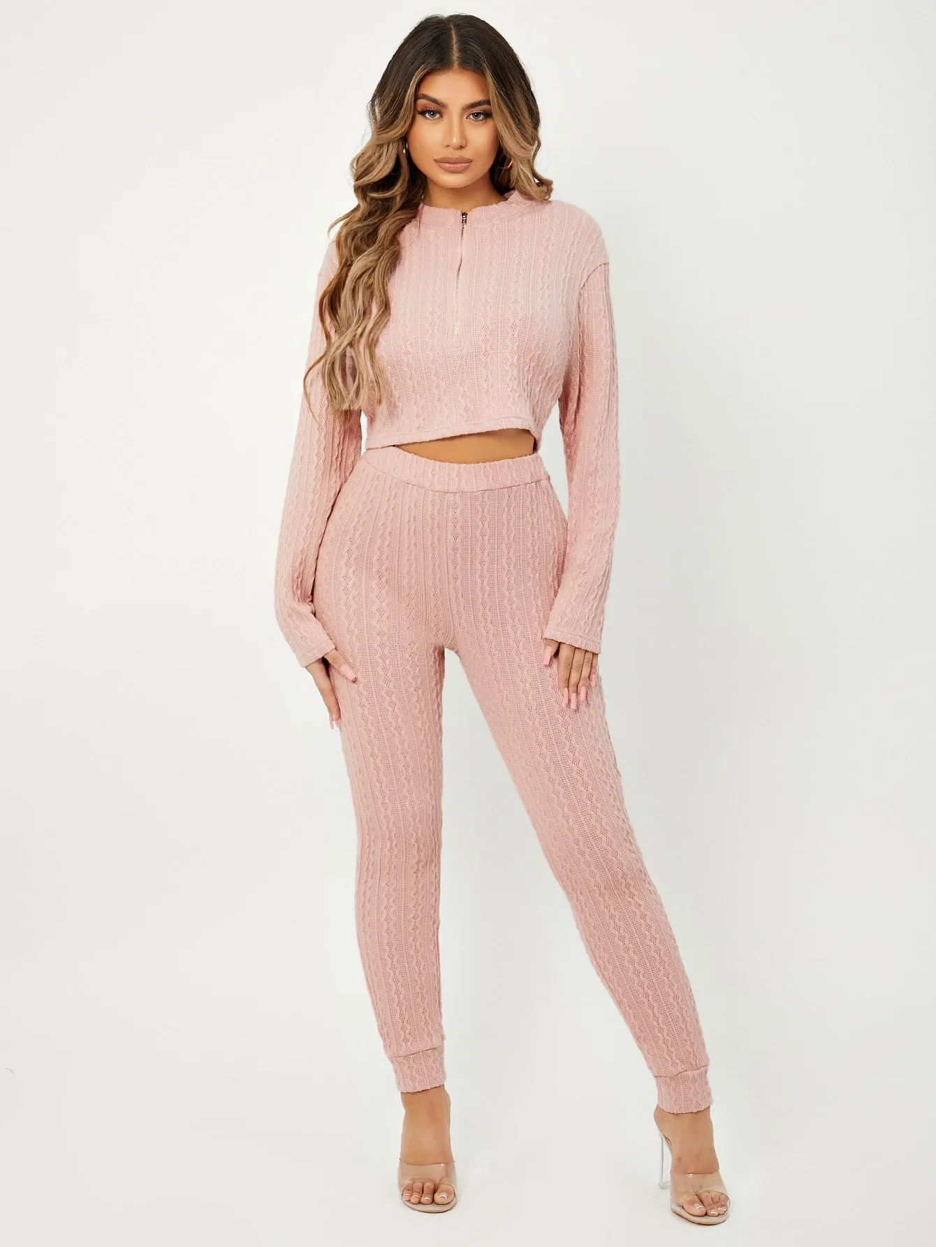 Casual Plain Zipper Long Sleeve Round Neck Women Two-Piece Outfits