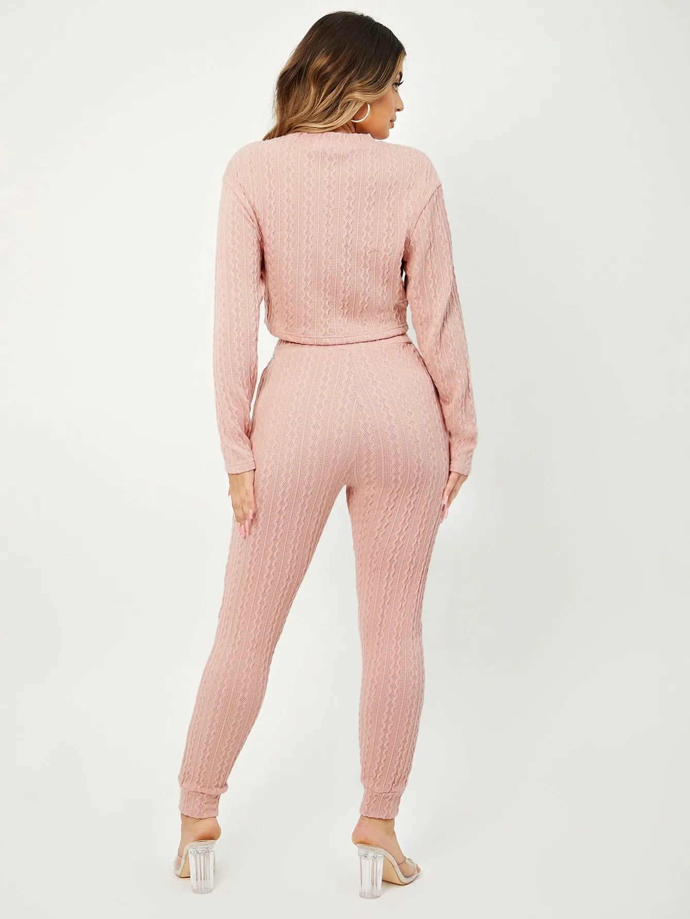 Casual Plain Zipper Long Sleeve Round Neck Women Two-Piece Outfits