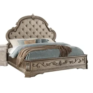 Colten Queen Bed w/Button Tufted Headboard, Faux Leather & Antique Silver