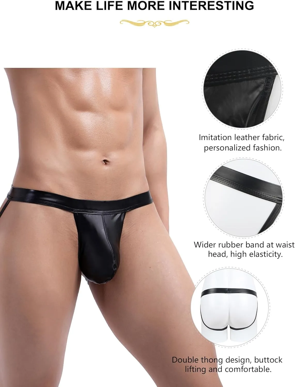 comeondear Men's Jockstrap Underwear Faux Leather Thong Underwear G-String with Pouch Butt-Flaunting Gym Low Rise Brief