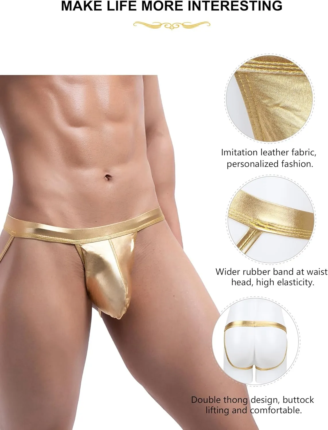 comeondear Men's Jockstrap Underwear Faux Leather Thong Underwear G-String with Pouch Butt-Flaunting Gym Low Rise Brief
