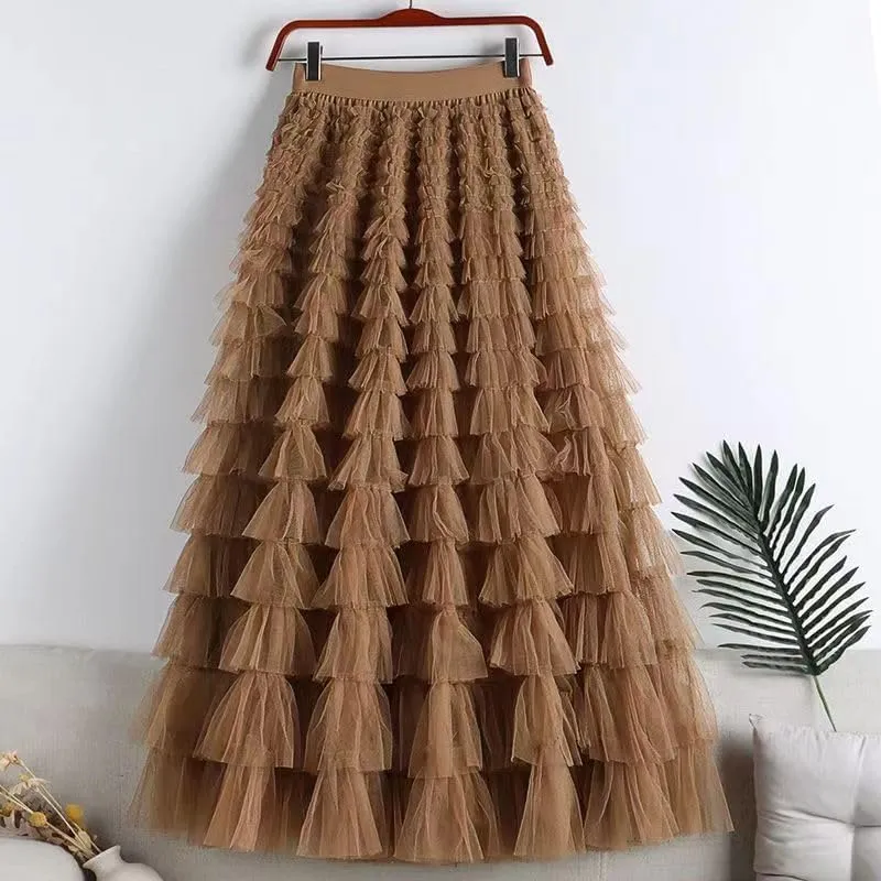 Comfy Stylish Women's Tiered Tulle Maxi Skirt - Sheer Mesh Aline Flared Elastic Waist Long Skirt - Party Wear