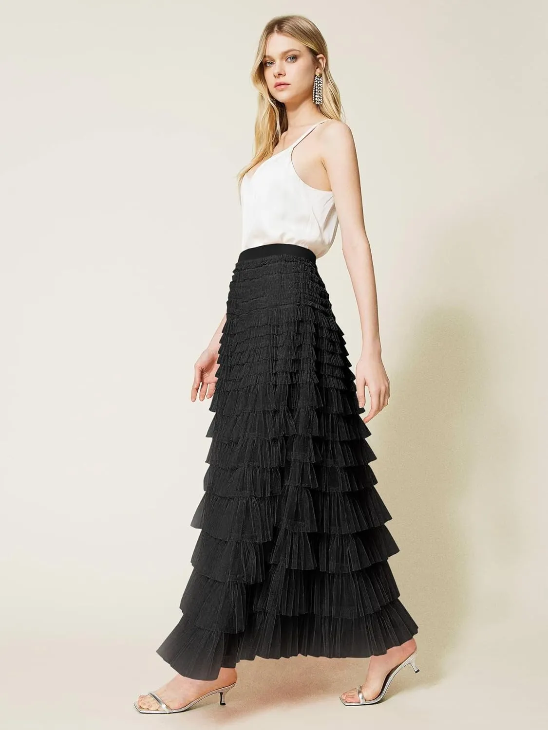Comfy Stylish Women's Tiered Tulle Maxi Skirt - Sheer Mesh Aline Flared Elastic Waist Long Skirt - Party Wear