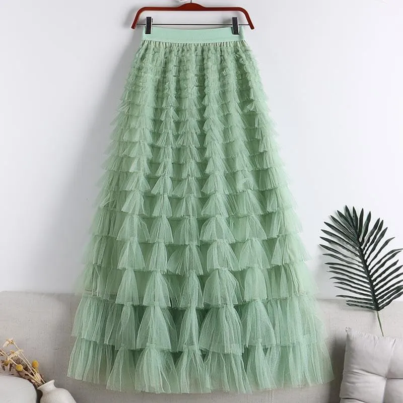 Comfy Stylish Women's Tiered Tulle Maxi Skirt - Sheer Mesh Aline Flared Elastic Waist Long Skirt - Party Wear