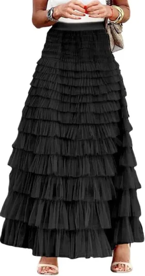 Comfy Stylish Women's Tiered Tulle Maxi Skirt - Sheer Mesh Aline Flared Elastic Waist Long Skirt - Party Wear