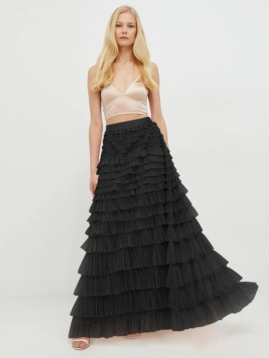 Comfy Stylish Women's Tiered Tulle Maxi Skirt - Sheer Mesh Aline Flared Elastic Waist Long Skirt - Party Wear