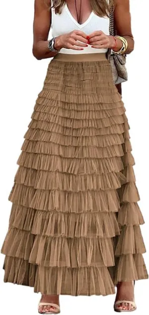 Comfy Stylish Women's Tiered Tulle Maxi Skirt - Sheer Mesh Aline Flared Elastic Waist Long Skirt - Party Wear