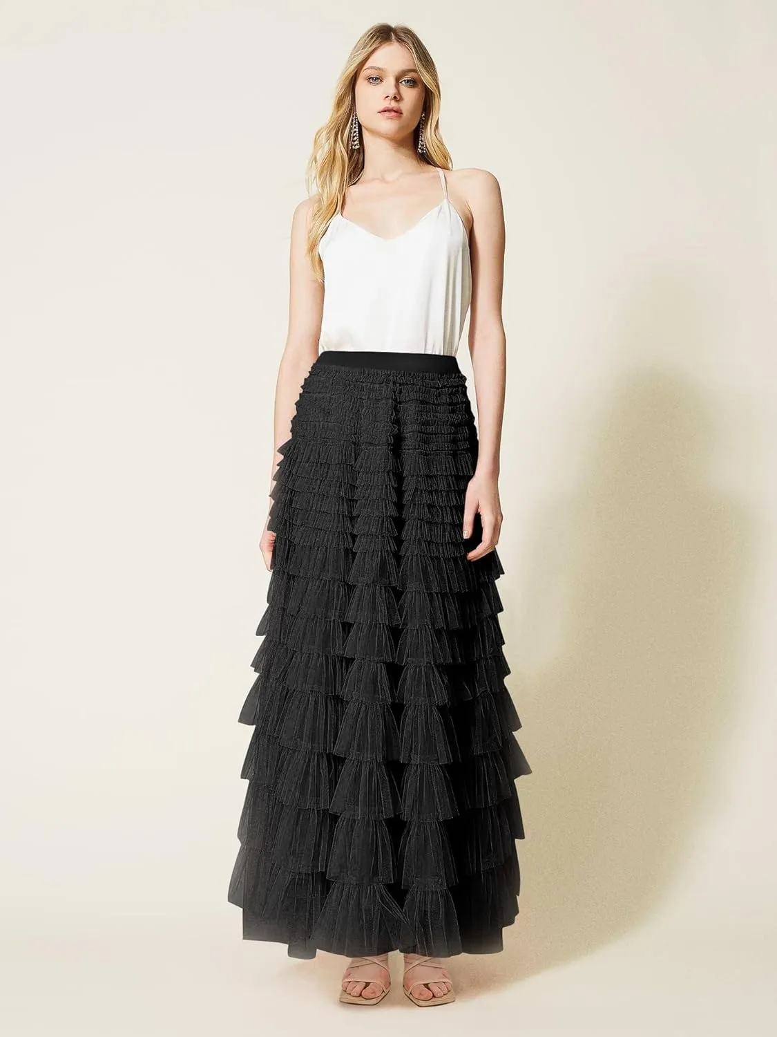 Comfy Stylish Women's Tiered Tulle Maxi Skirt - Sheer Mesh Aline Flared Elastic Waist Long Skirt - Party Wear