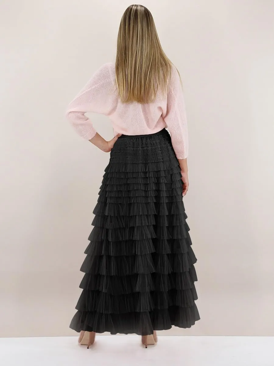 Comfy Stylish Women's Tiered Tulle Maxi Skirt - Sheer Mesh Aline Flared Elastic Waist Long Skirt - Party Wear