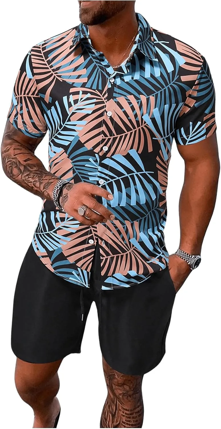 COZYEASE Men's 2 Piece Hawaiian Outfits Short Sleeve Button Down Shirt and Shorts Set Beach Tracksuits