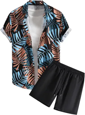 COZYEASE Men's 2 Piece Hawaiian Outfits Short Sleeve Button Down Shirt and Shorts Set Beach Tracksuits