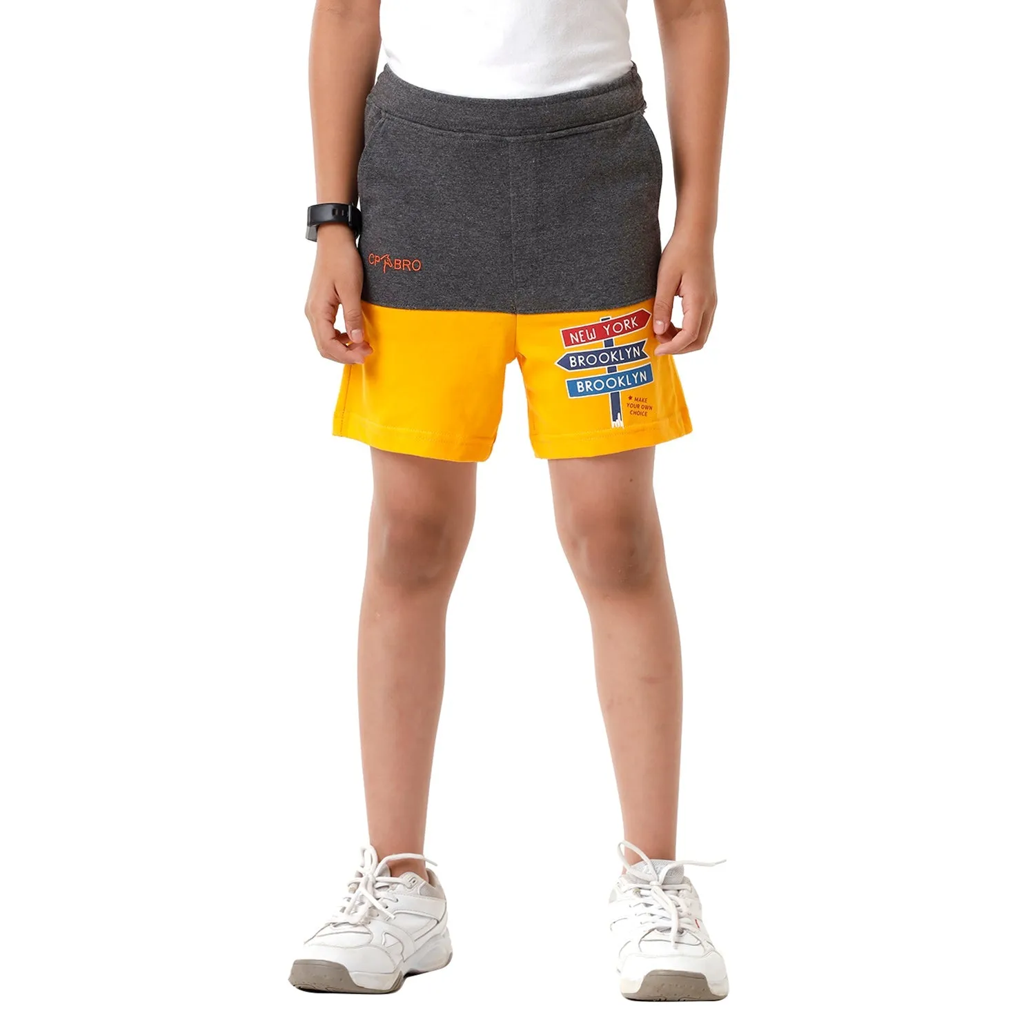 CP BRO BOYS Color Block Slim Fit Grey with Yellow Color Cotton Shorts - BBTS 02 B
