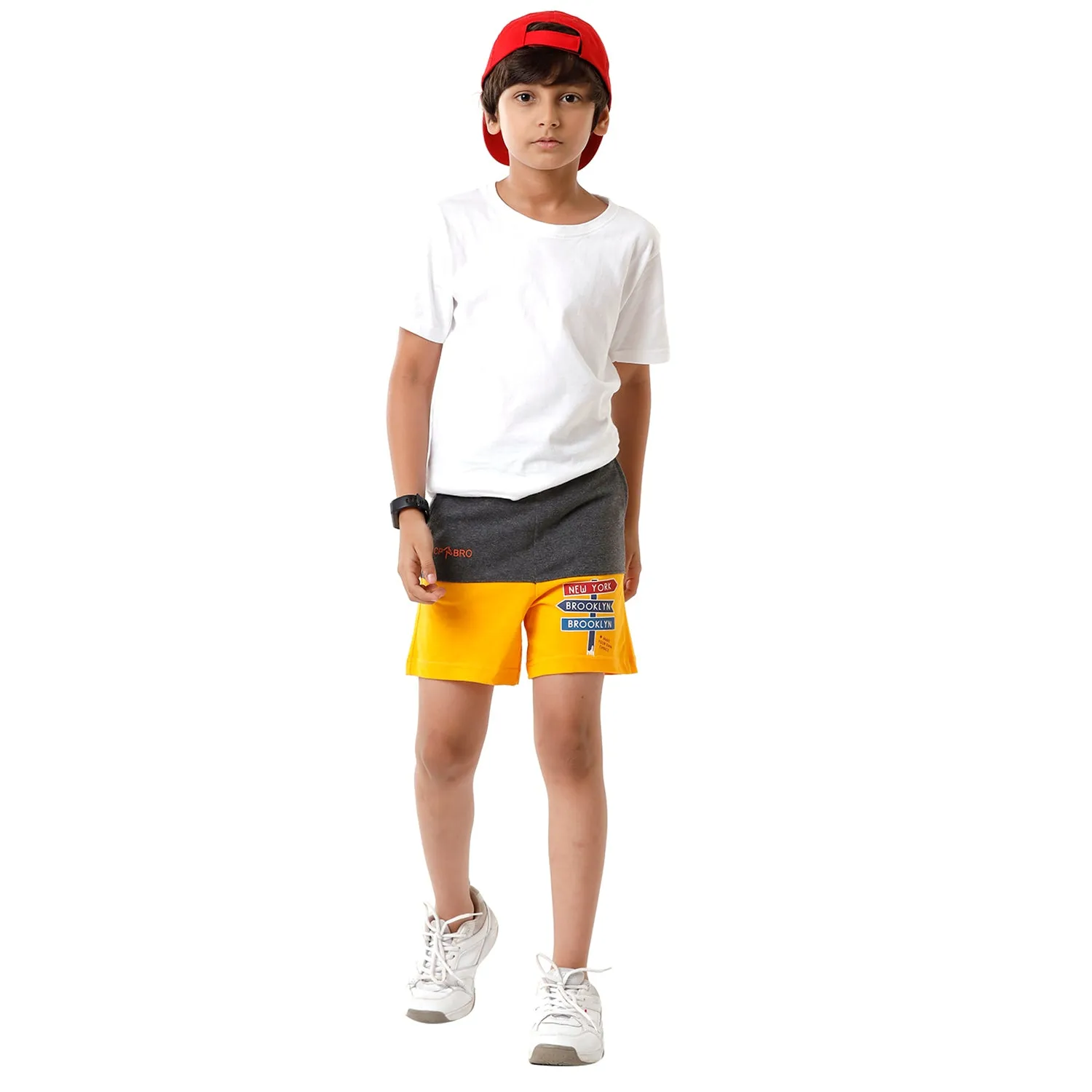 CP BRO BOYS Color Block Slim Fit Grey with Yellow Color Cotton Shorts - BBTS 02 B