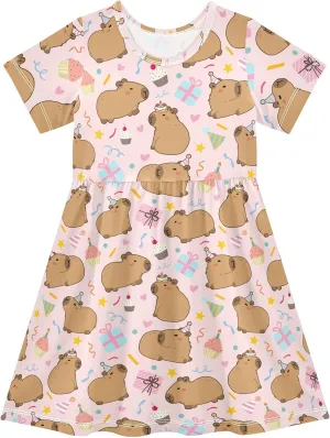 Cute Capybara Birthday Party Pink Summer Girls Short Sleeve Dress Casual Dresses Beach Sundress for 2-8 Years