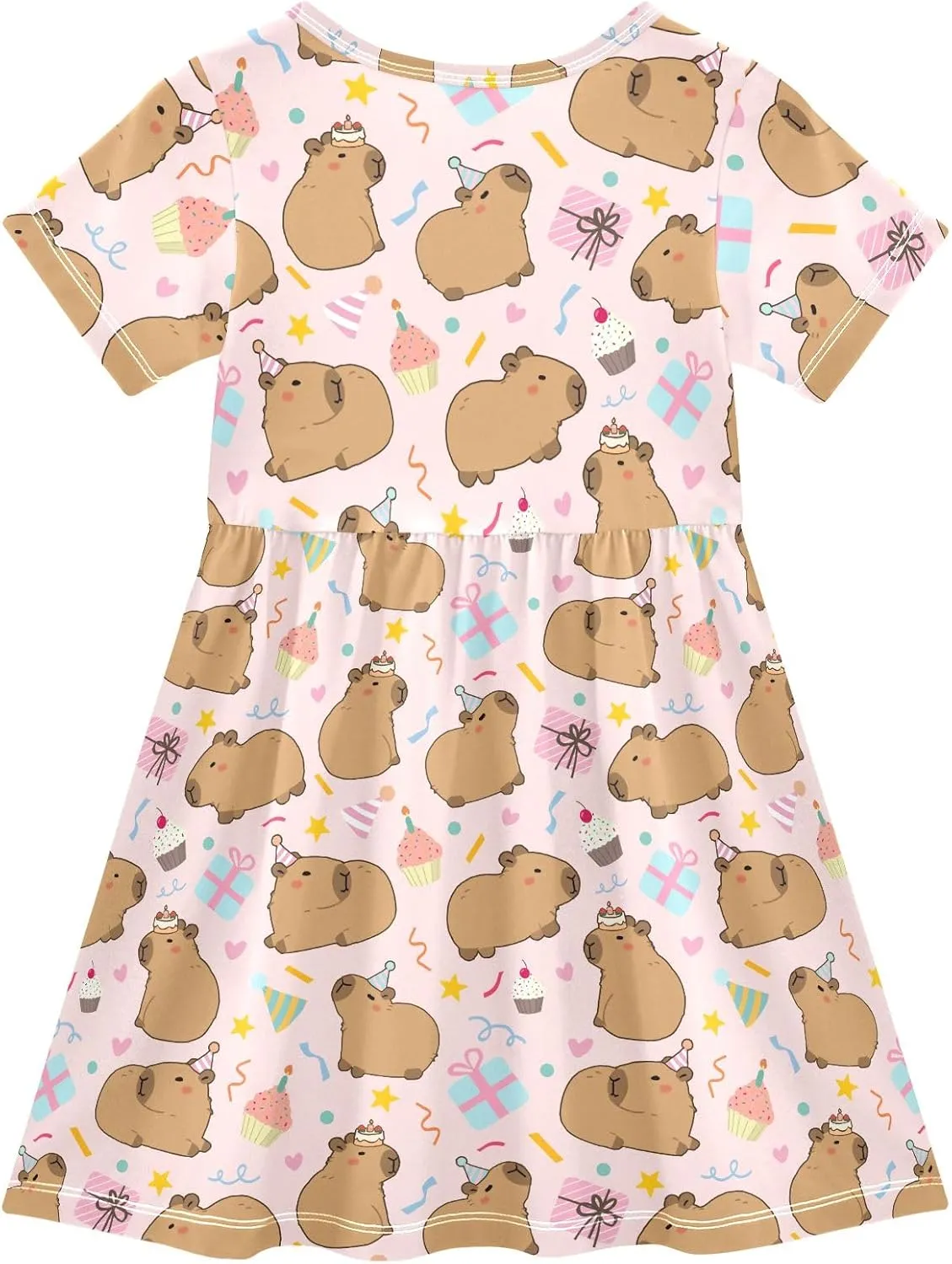 Cute Capybara Birthday Party Pink Summer Girls Short Sleeve Dress Casual Dresses Beach Sundress for 2-8 Years