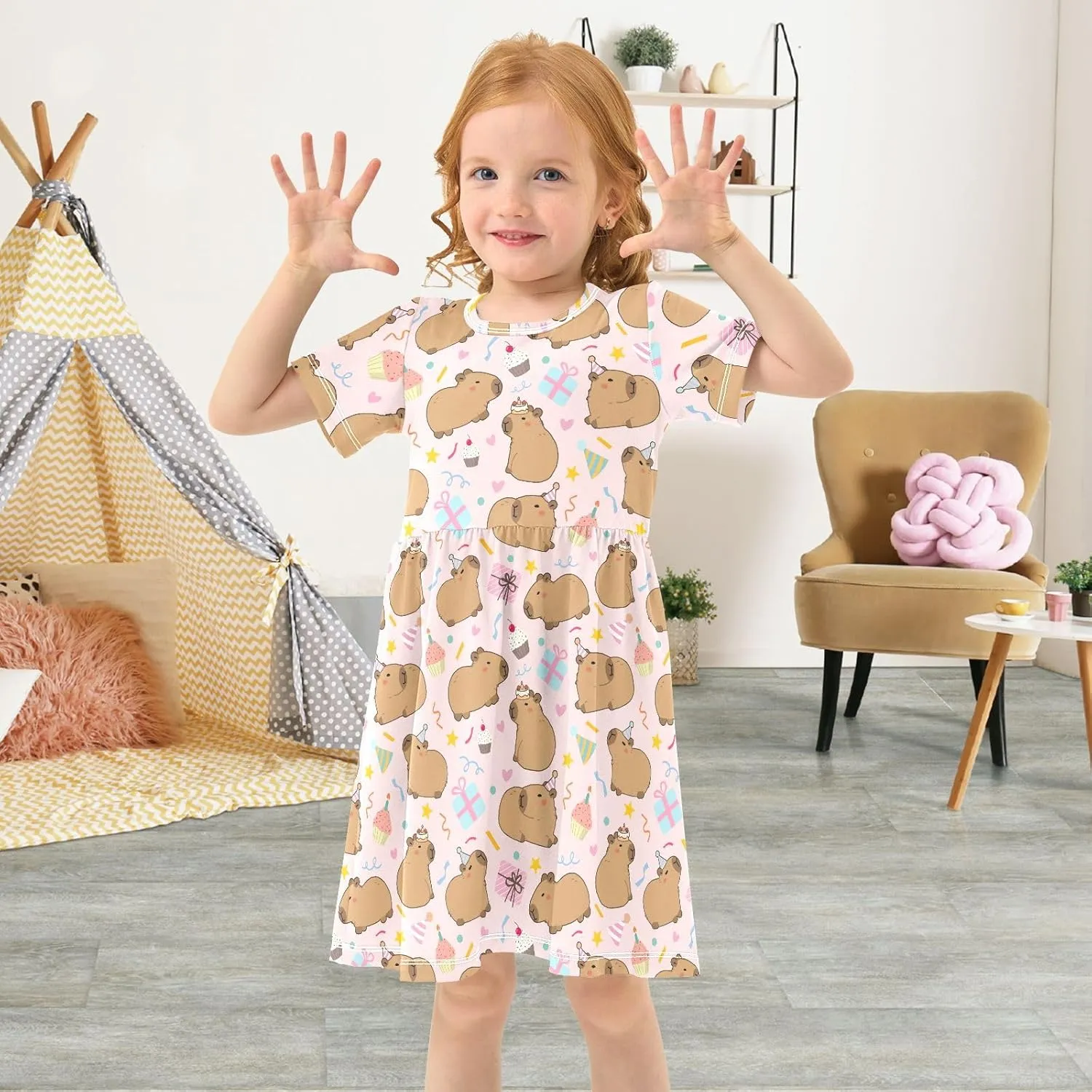 Cute Capybara Birthday Party Pink Summer Girls Short Sleeve Dress Casual Dresses Beach Sundress for 2-8 Years