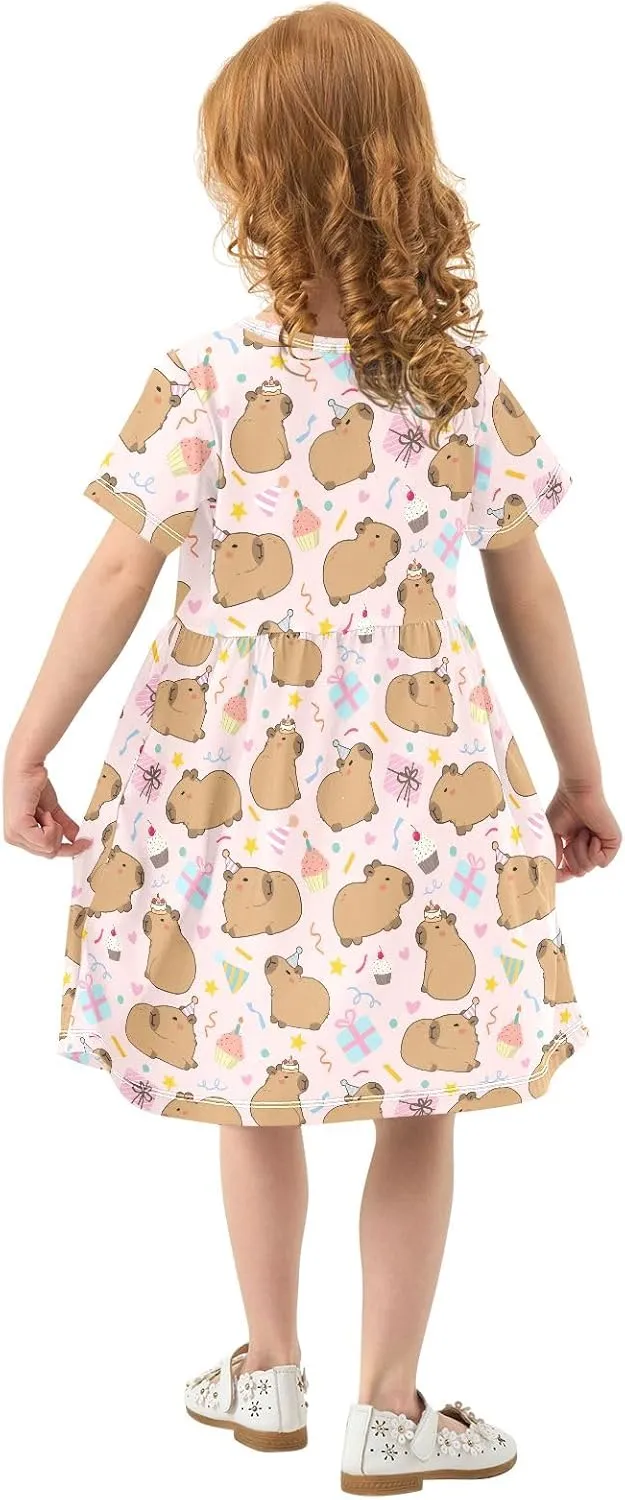Cute Capybara Birthday Party Pink Summer Girls Short Sleeve Dress Casual Dresses Beach Sundress for 2-8 Years