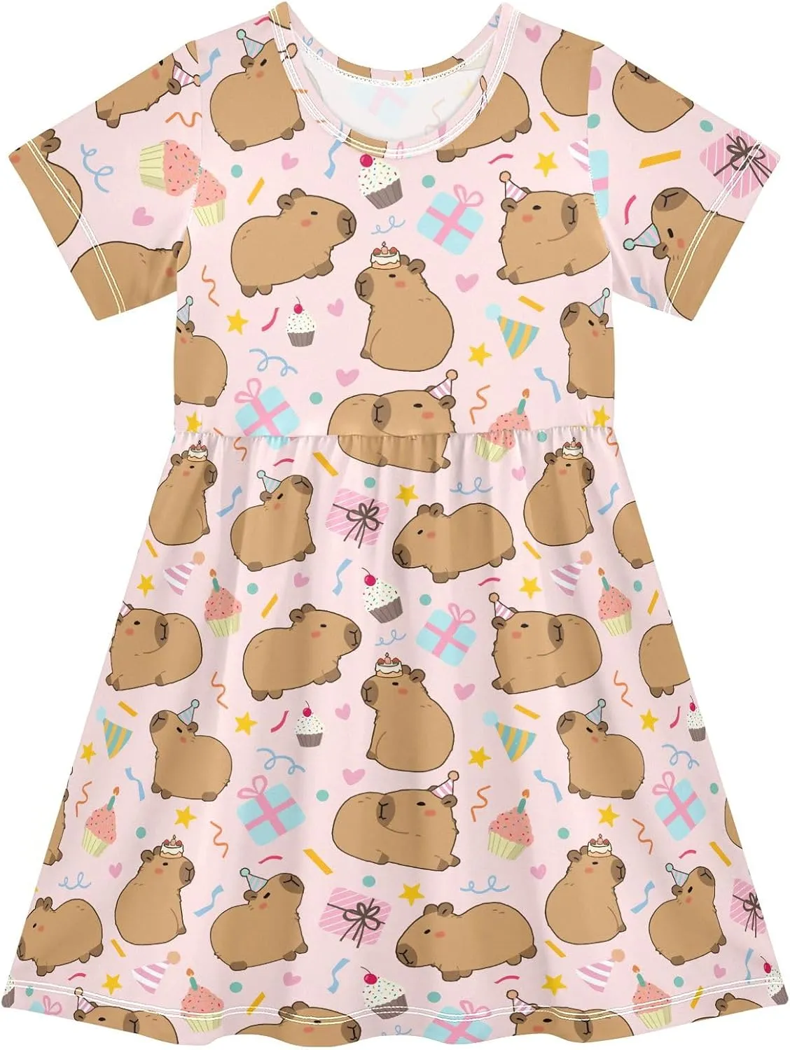 Cute Capybara Birthday Party Pink Summer Girls Short Sleeve Dress Casual Dresses Beach Sundress for 2-8 Years