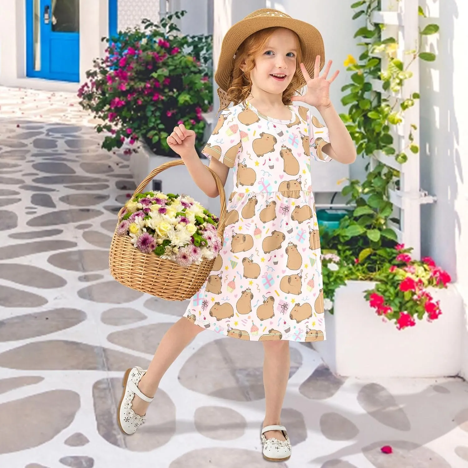 Cute Capybara Birthday Party Pink Summer Girls Short Sleeve Dress Casual Dresses Beach Sundress for 2-8 Years