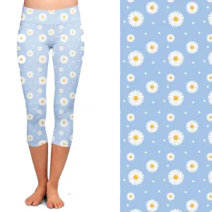 Daisy Leggings Capri Blue and White
