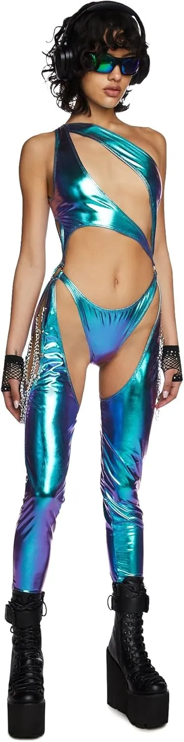 Dolls Kill Prism Moonwalk Cut-Out Catsuit by Club Exx  Holographic Metallic Catsuit with Draped Chains & Cheeky Fit