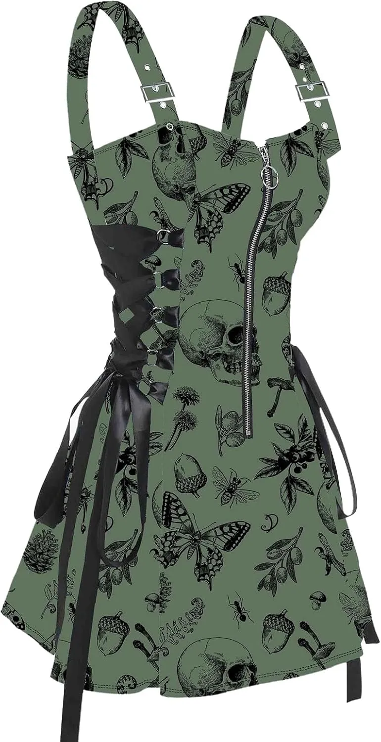 DRESSFO Women's Galaxy Butterfly Skull Mushroom Print Lace Up Mini Dress Half Zipper Adjustable Buckle Strap Dress