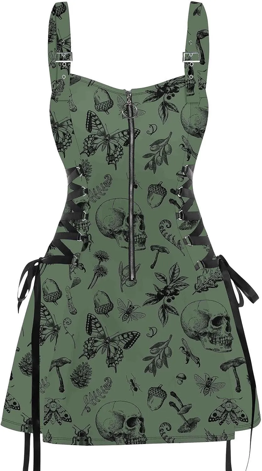 DRESSFO Women's Galaxy Butterfly Skull Mushroom Print Lace Up Mini Dress Half Zipper Adjustable Buckle Strap Dress