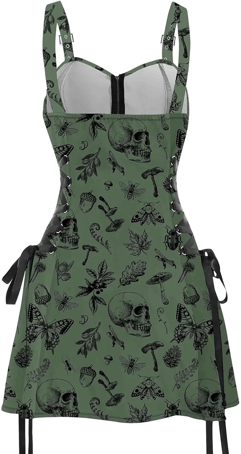 DRESSFO Women's Galaxy Butterfly Skull Mushroom Print Lace Up Mini Dress Half Zipper Adjustable Buckle Strap Dress