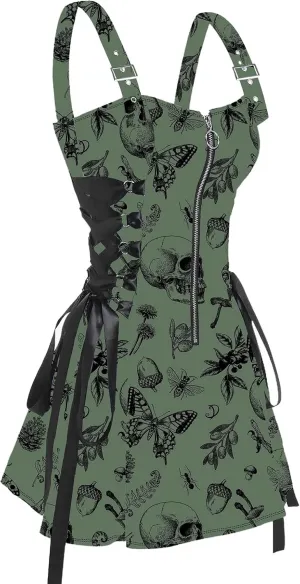 DRESSFO Women's Galaxy Butterfly Skull Mushroom Print Lace Up Mini Dress Half Zipper Adjustable Buckle Strap Dress