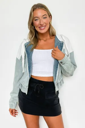 Edgy Feeling Contrast Hooded Denim Bomber Jacket