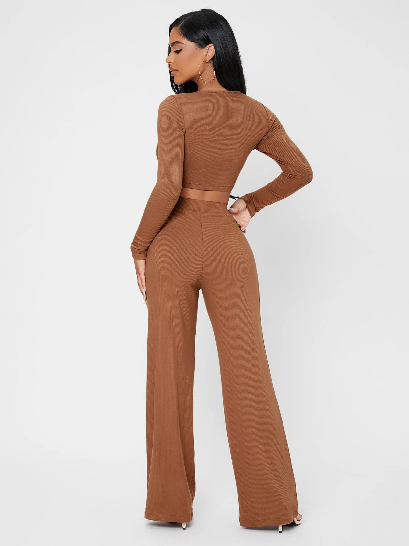 Elegant Plain Rib-Knit Long Sleeve Scoop Neck Womens Two-Piece Outfits