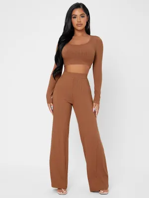 Elegant Plain Rib-Knit Long Sleeve Scoop Neck Womens Two-Piece Outfits