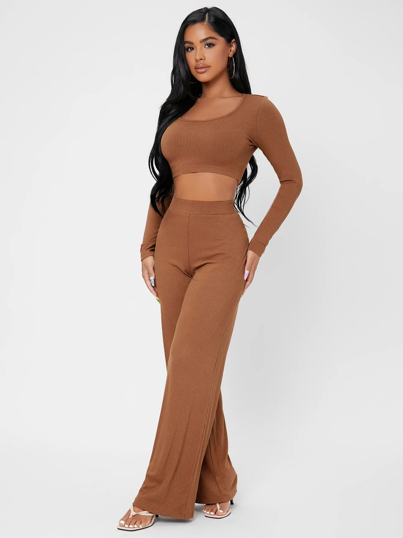 Elegant Plain Rib-Knit Long Sleeve Scoop Neck Womens Two-Piece Outfits