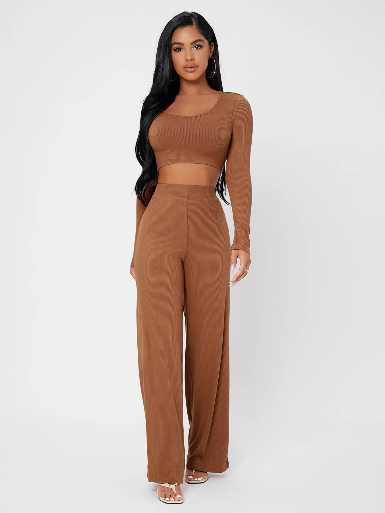 Elegant Plain Rib-Knit Long Sleeve Scoop Neck Womens Two-Piece Outfits