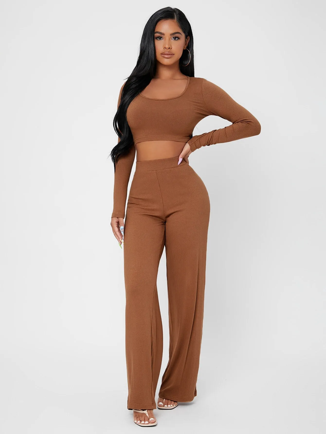 Elegant Plain Rib-Knit Long Sleeve Scoop Neck Womens Two-Piece Outfits