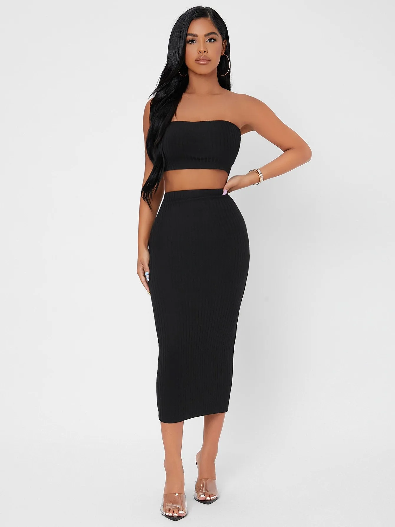 Elegant Plain Sleeveless Strapless Women Two-Piece Outfits
