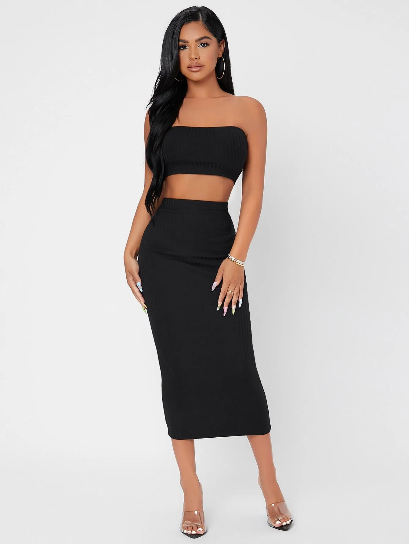 Elegant Plain Sleeveless Strapless Women Two-Piece Outfits