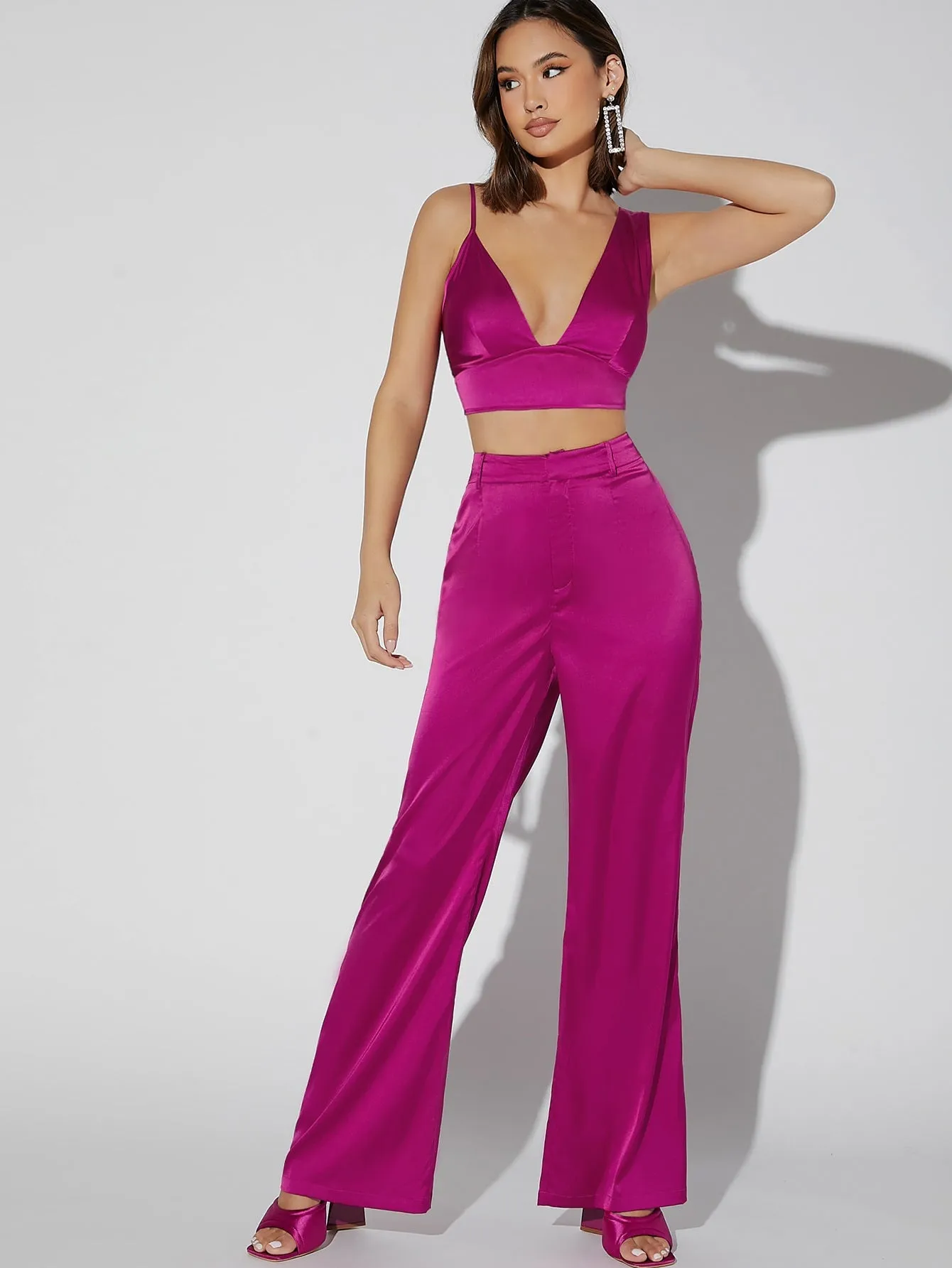 Elegant Plain Zipper Sleeveless Deep V Neck Women Two-Piece Outfits
