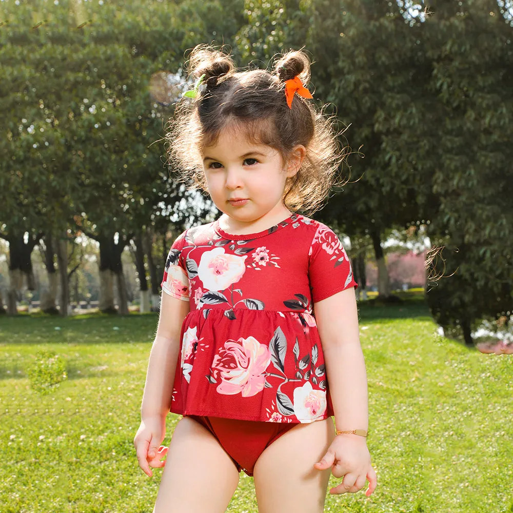 Family Matching All Over Floral Print Midi Dresses and Short-sleeve T-shirts Sets